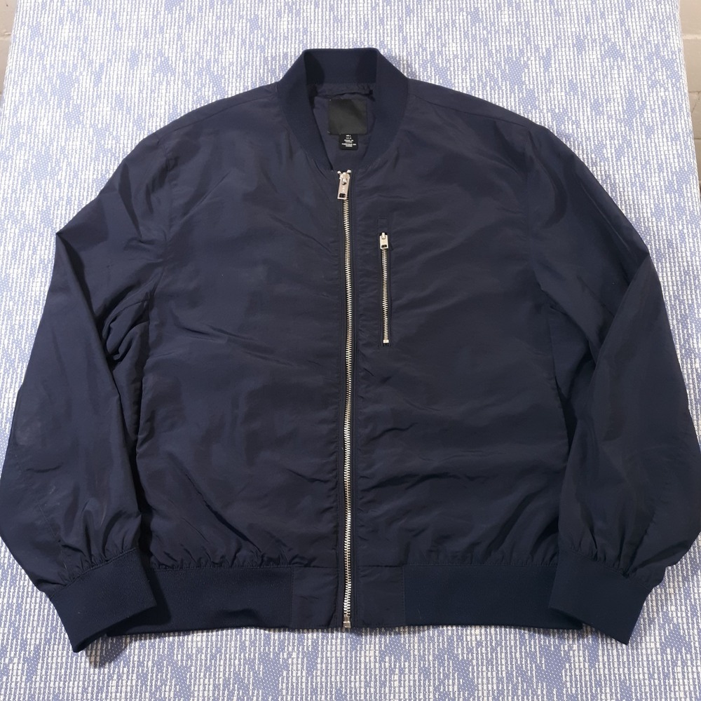 H&M Bomber Jacket Mens Large Navy Blue Full Zip Nylon Blend Lined Wind Resistant